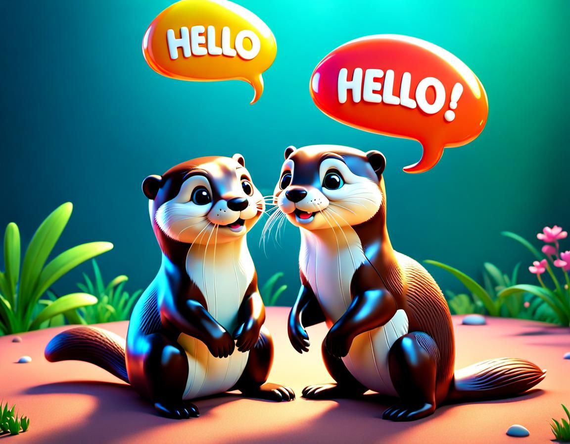 Cute Cartoon Otters Conversation as 3D Digital Art