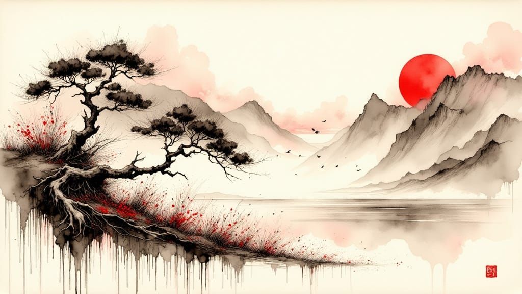 Surreal Ink Poet Landscape in Traditional Japanese Style