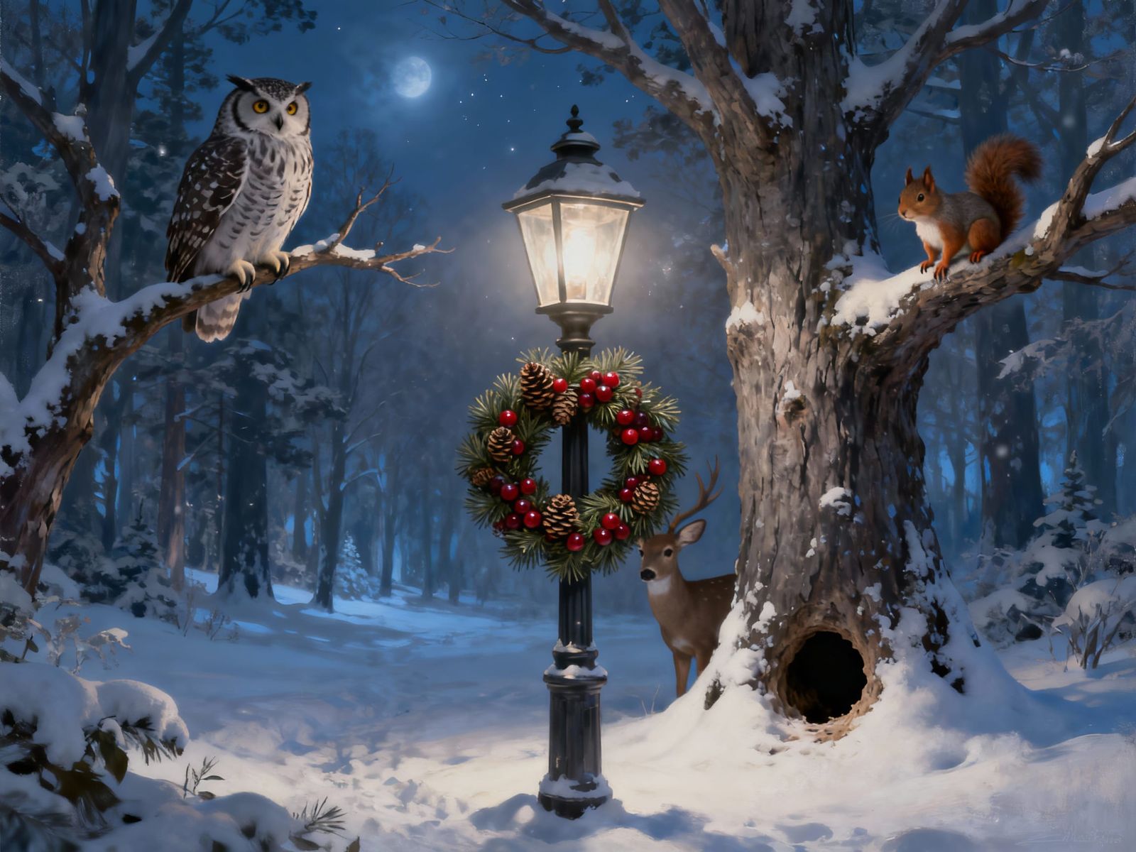 Winter Forest Lamppost with Animals in Digital Painting Styl...