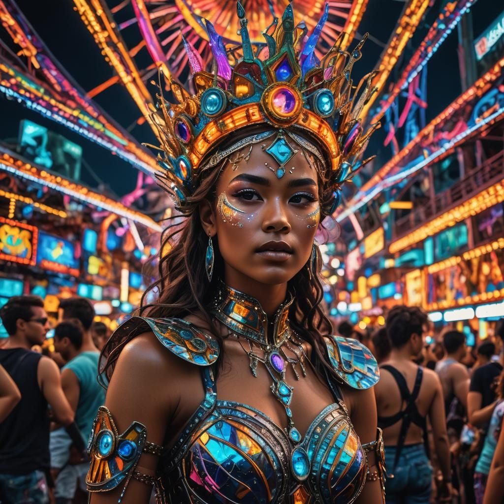 Electric Carnival Goddess in Hyperrealistic Detail