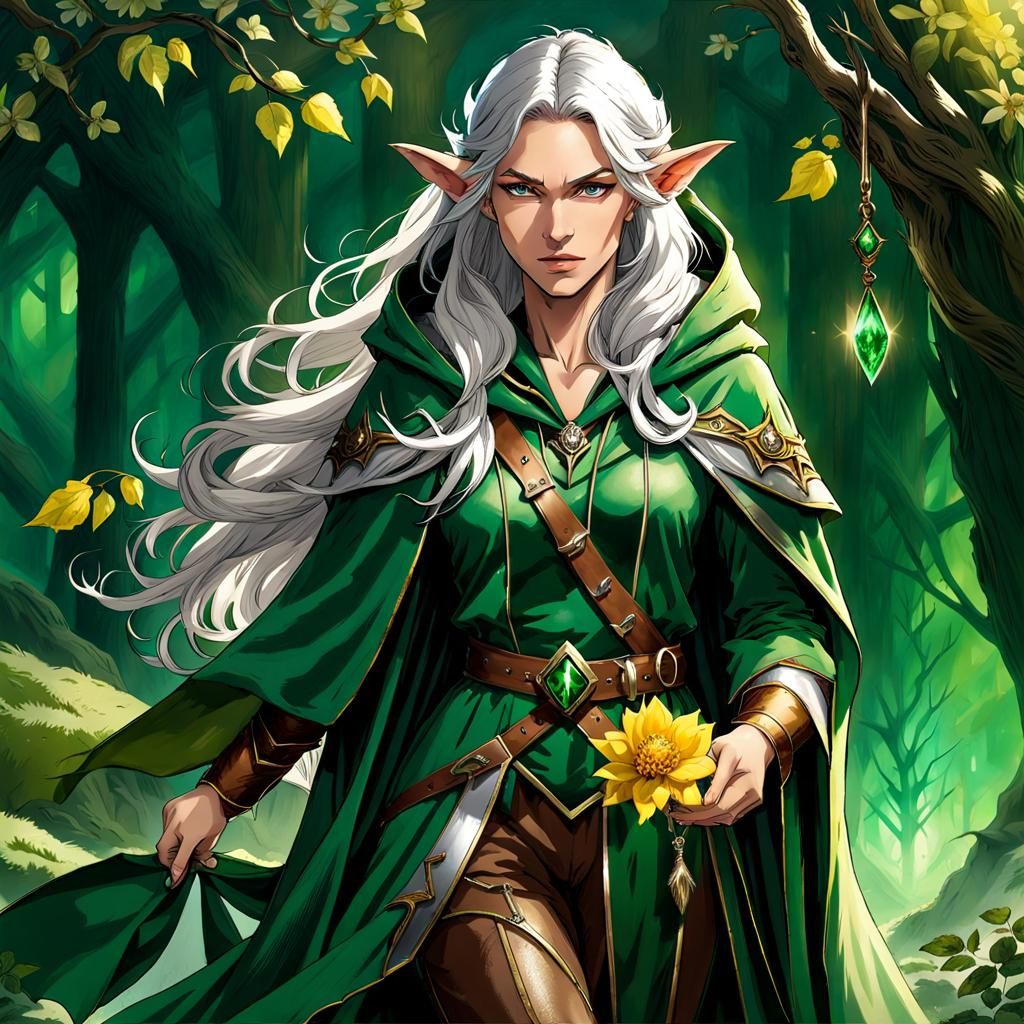 Hooded Elf Woman with Silver Hair and Emerald Pendant