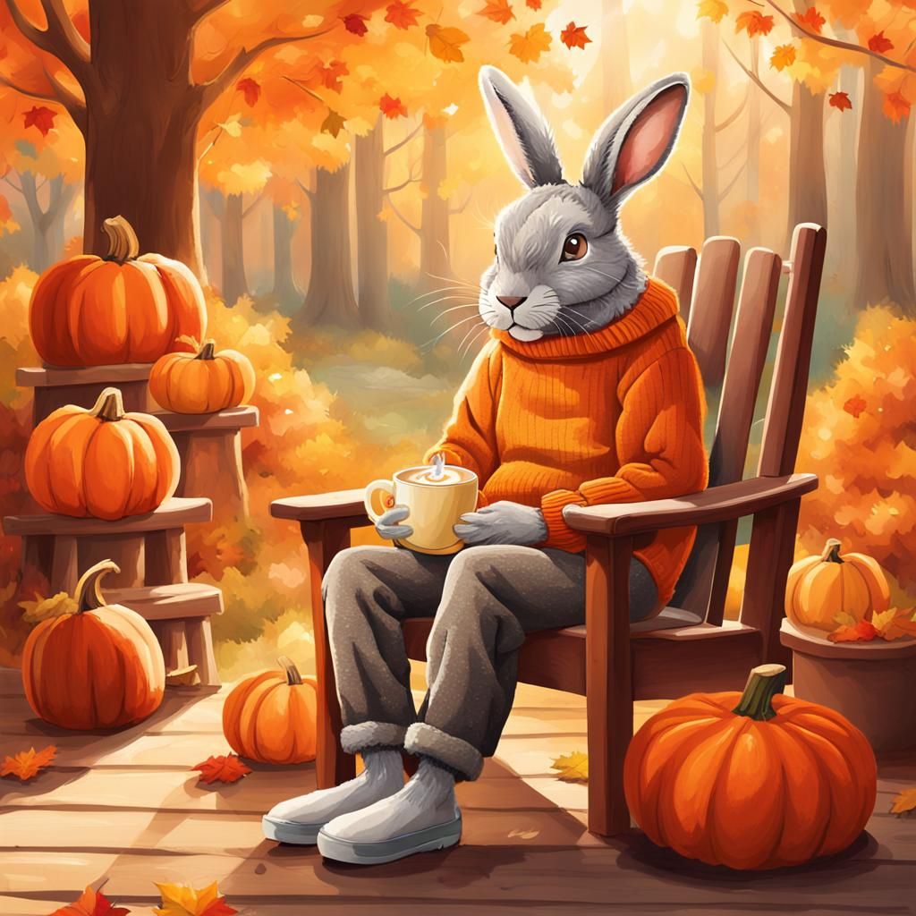 Rabbit Enjoying Latte in Whimsical Autumn Scene
