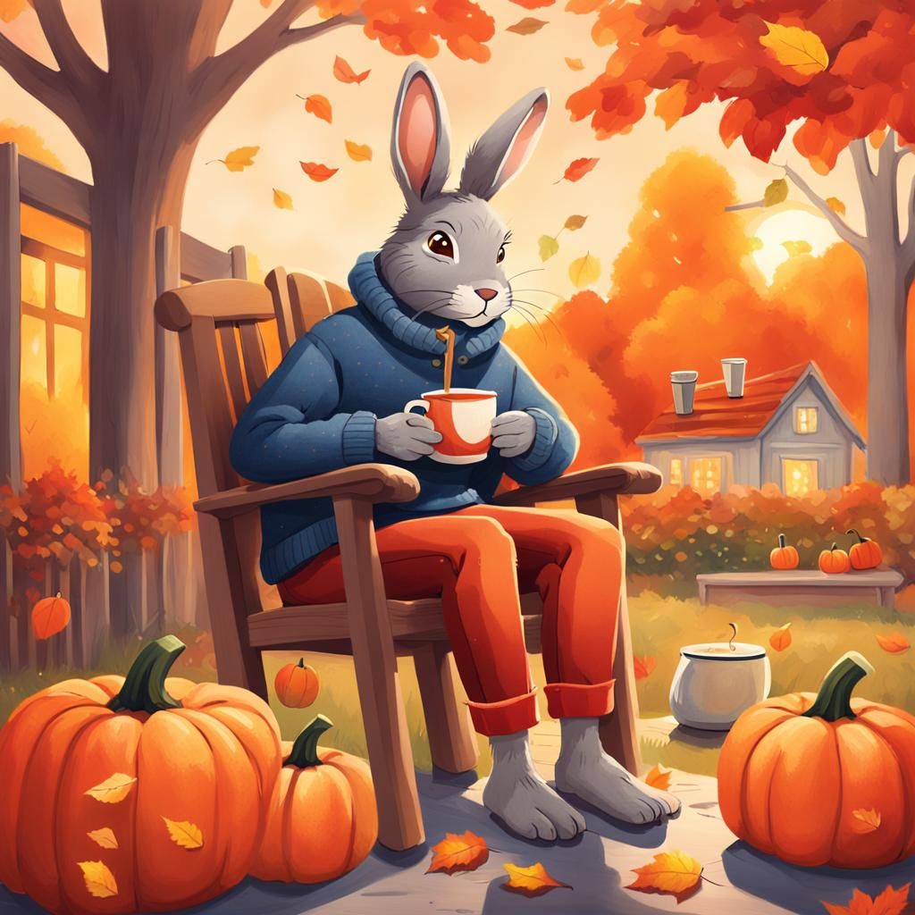 Cozy Autumn Rabbit Enjoying Pumpkin Latte