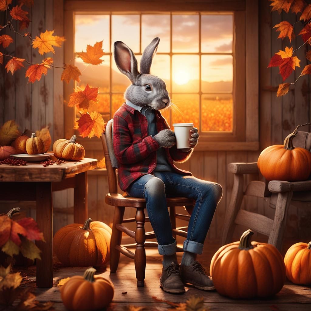 Rabbit Sipping Latte in Autumn, Wyeth-Inspired