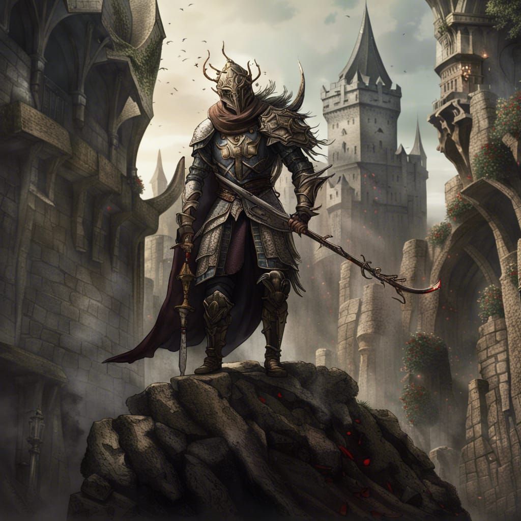 Armored Elf Warrior Overlooking Medieval City