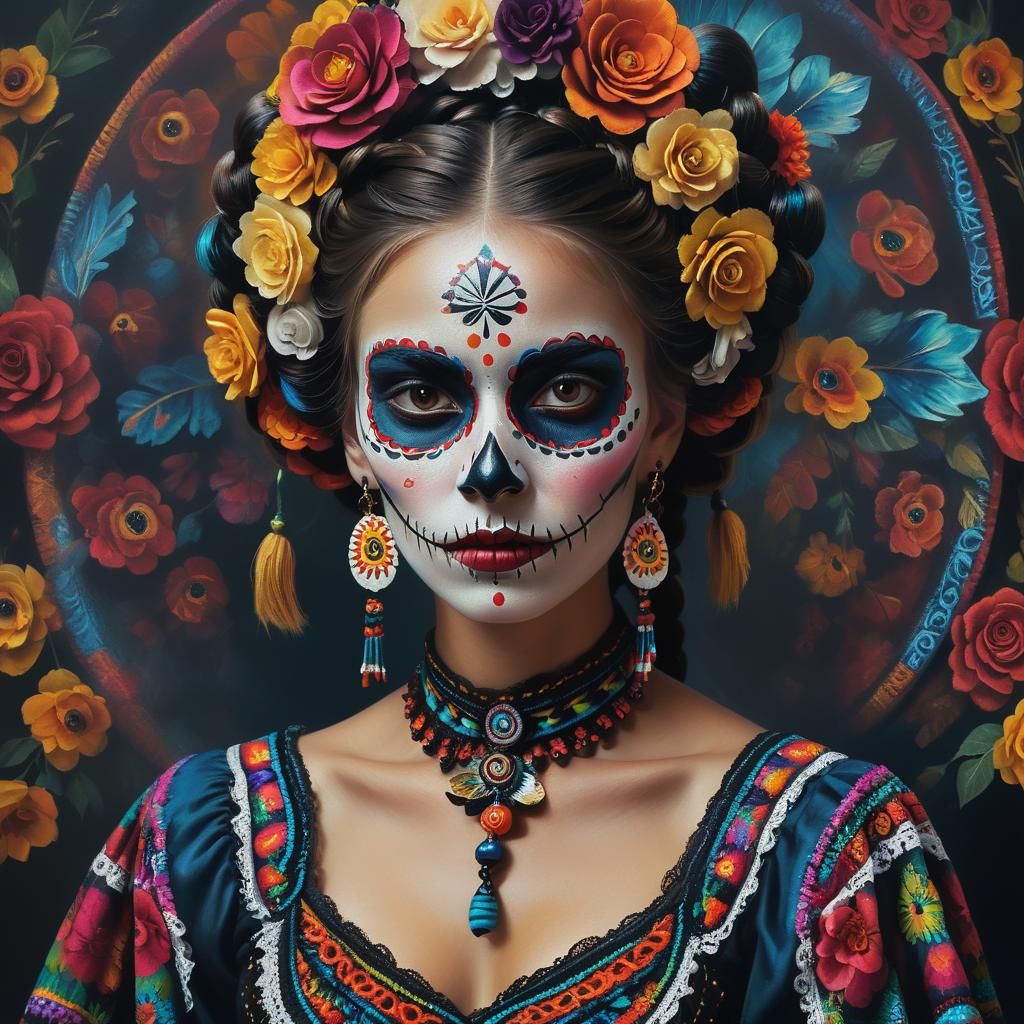 Lithuanian Woman in Catrina Costume, Detailed Matte Painting