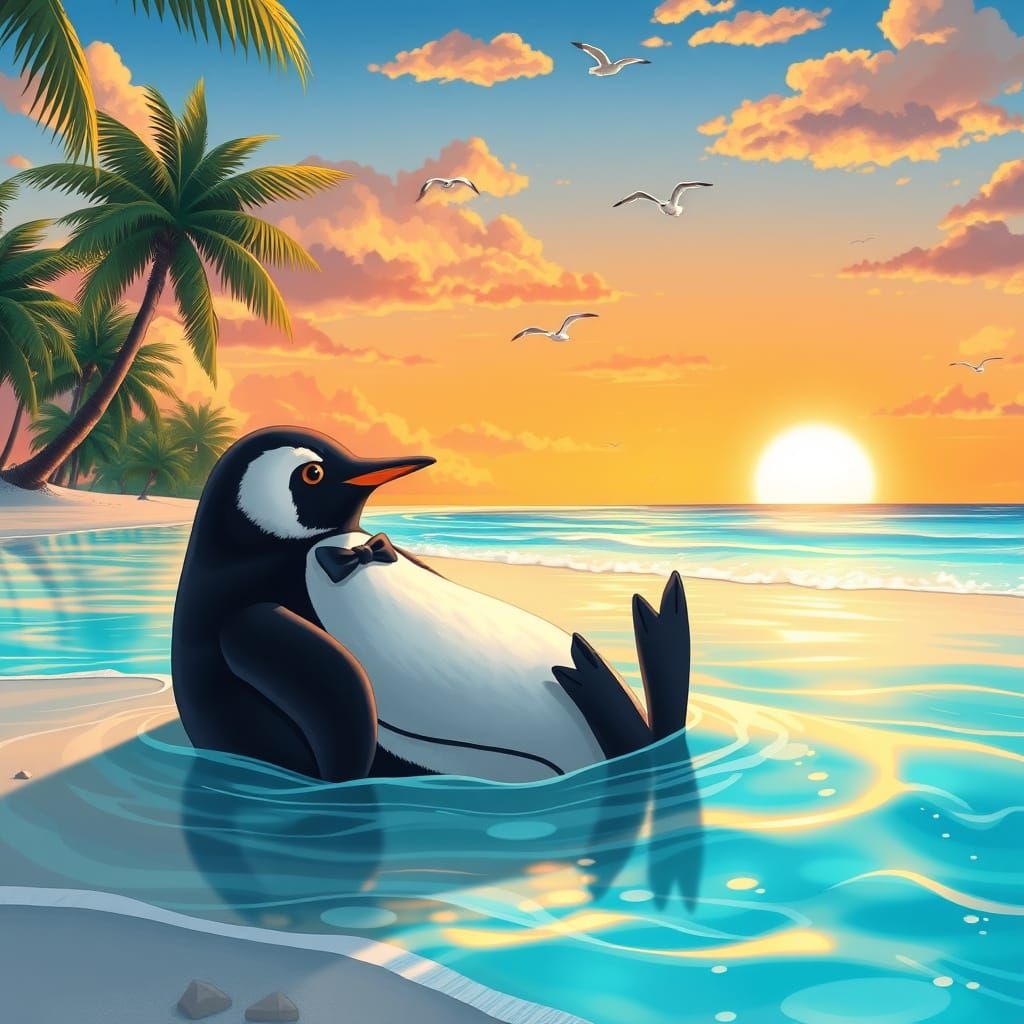 Penguin in Serene Beach Paradise