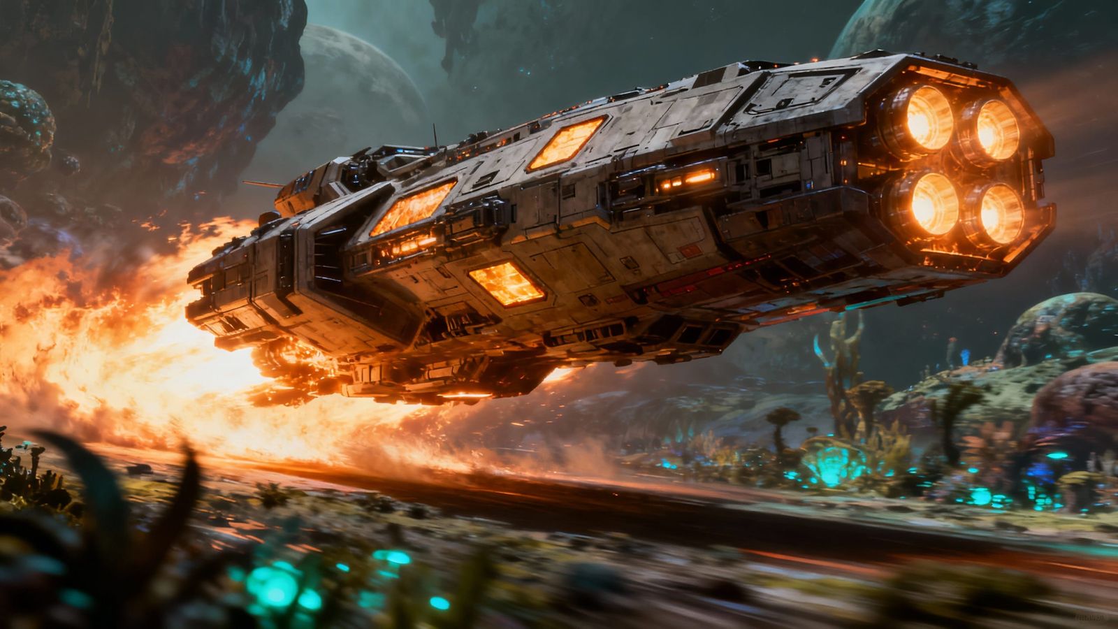 Hard Sci-Fi Starship Speeds Over Alien Planet