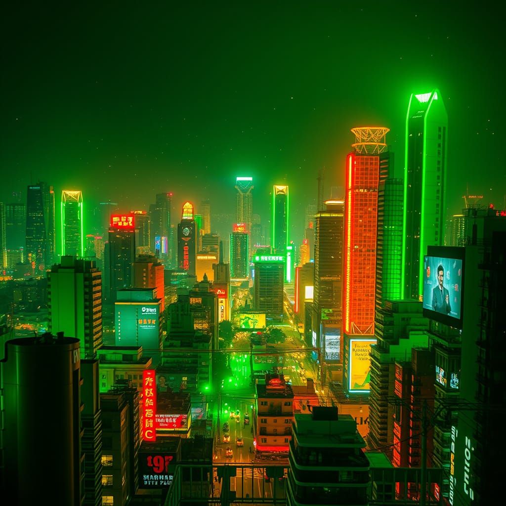 Green and Orange City Bathed in Neon Lights