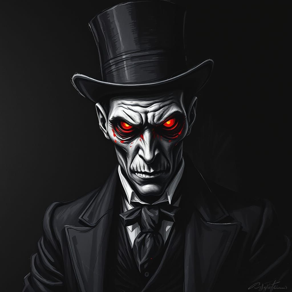 Mysterious Victorian Figure with Glowing Red Eyes in a Haunt...