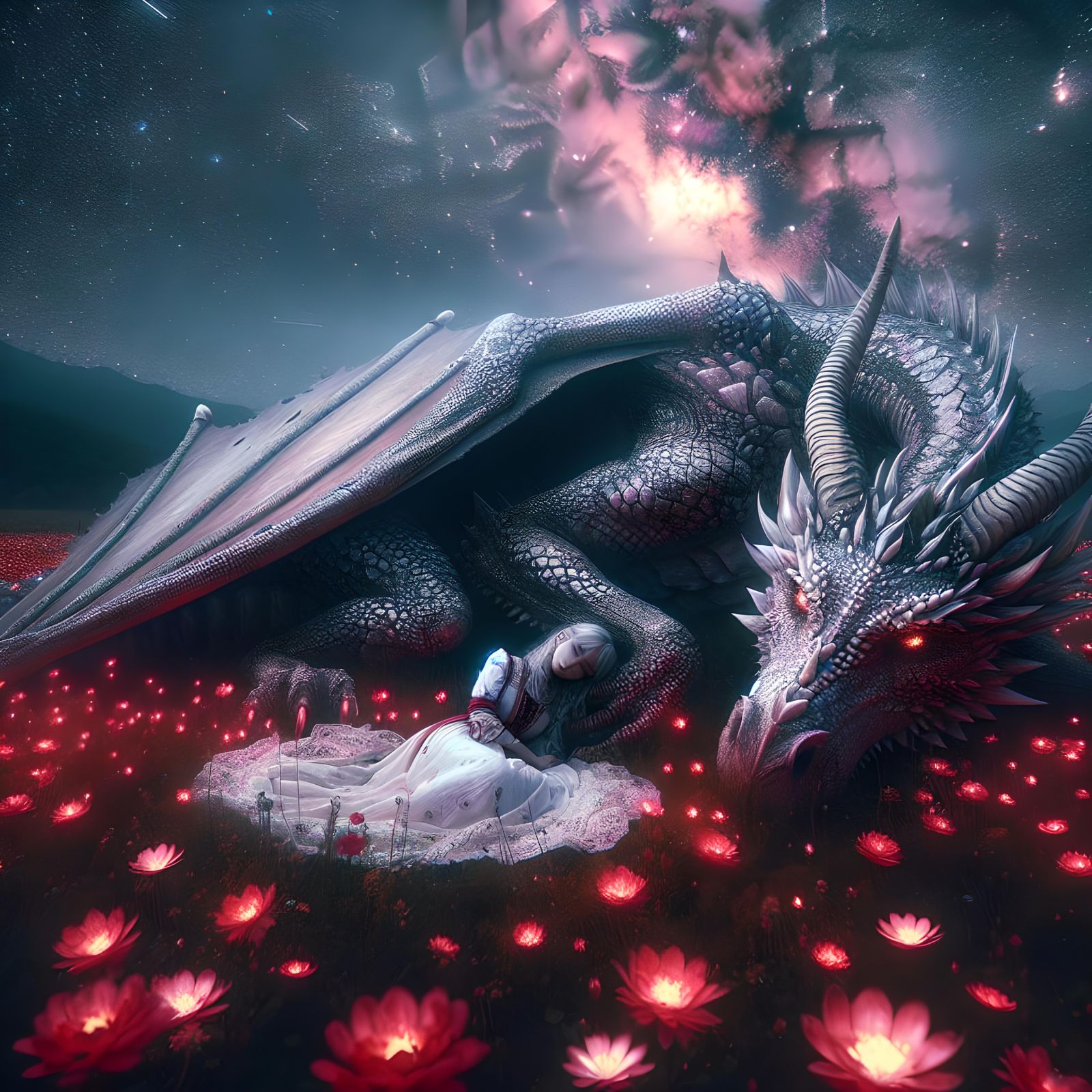 Girl and Dragon in Mystical Night Scene