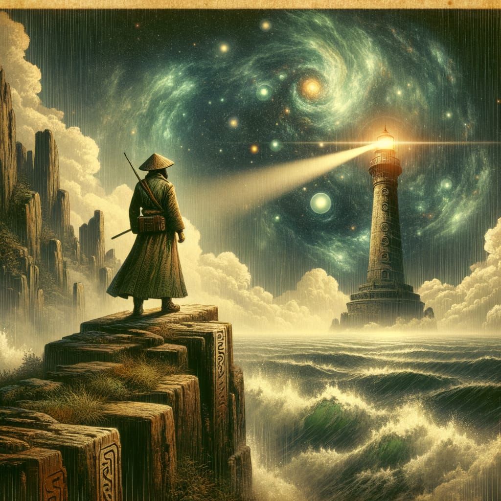 Lighthouse Keeper Gazes at Cosmic Sea in Storybook Style