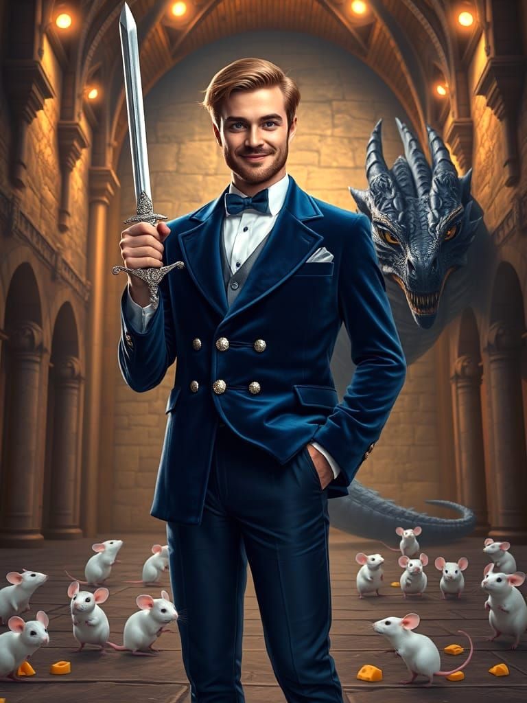 A Smiling Knight Surrounded by Fleeing Mice and a Sneaking D...