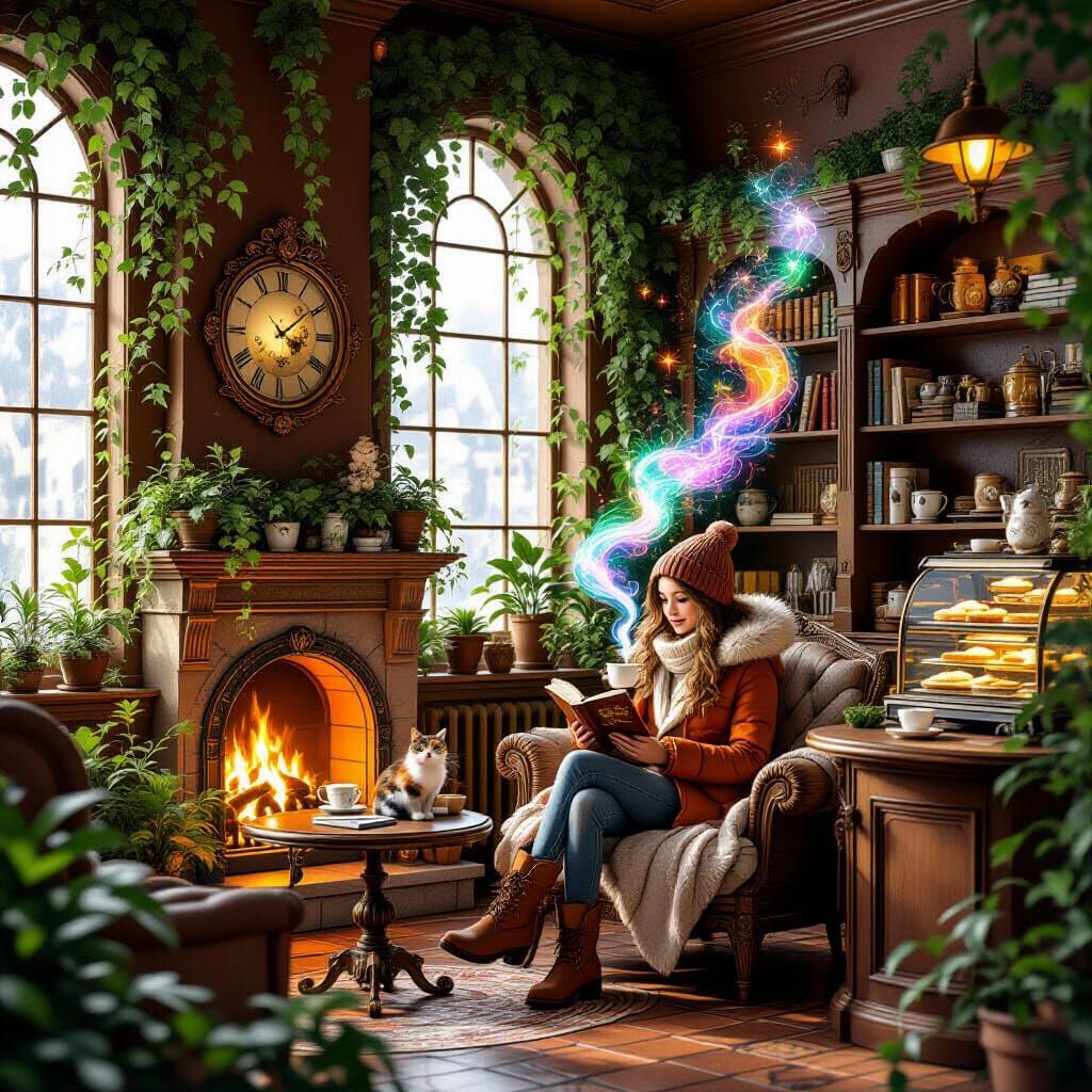 Magical Cafe Library with Girl and Cat
