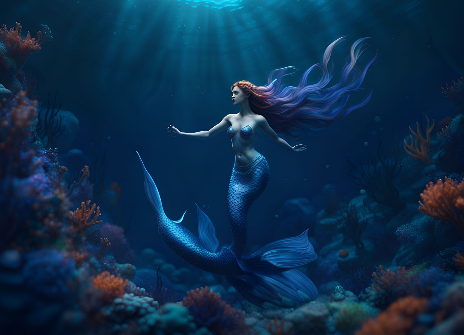 Mermaid swimming in underwater deep blue ocean