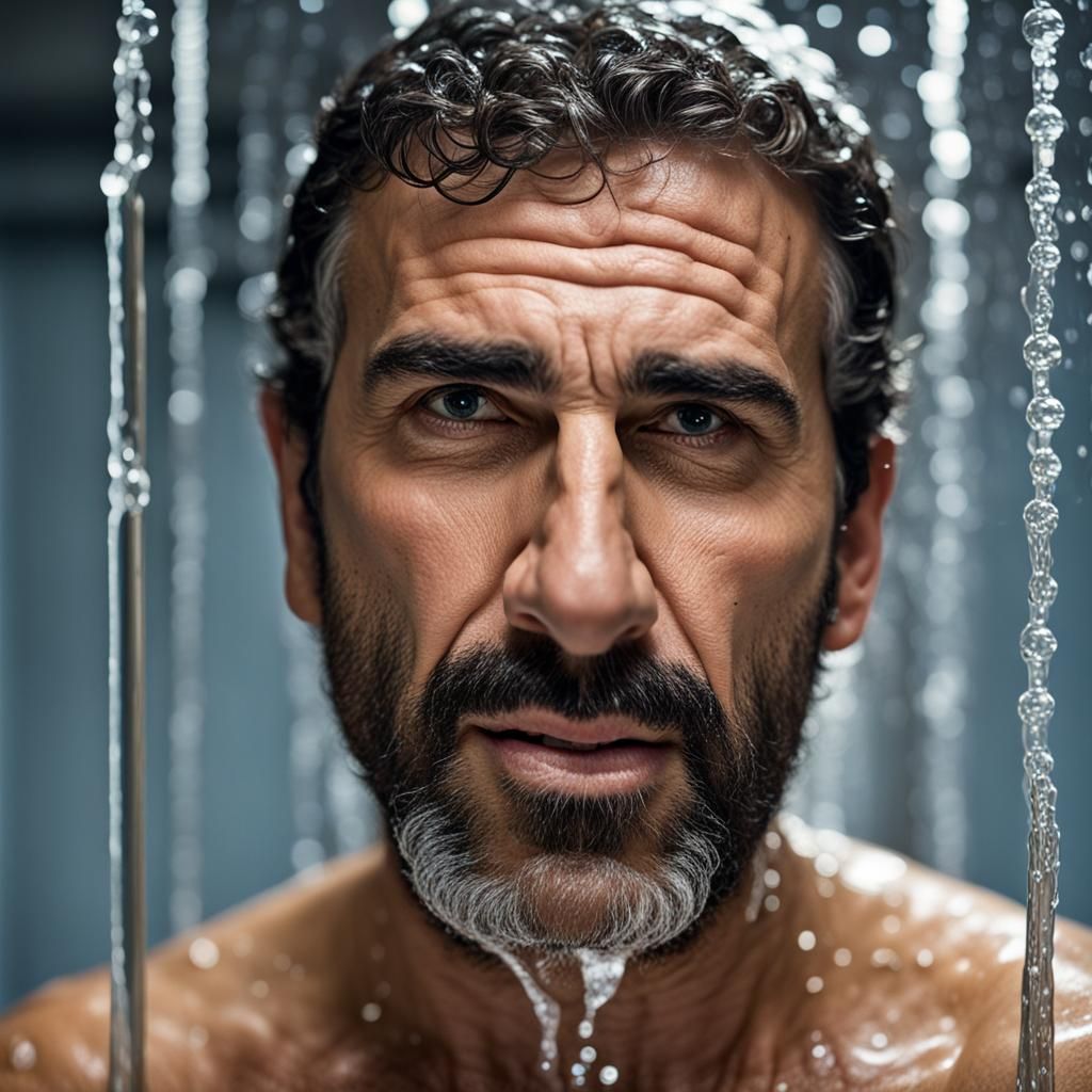 Hairy Arab Man Portrait in Shower, Professional Photography