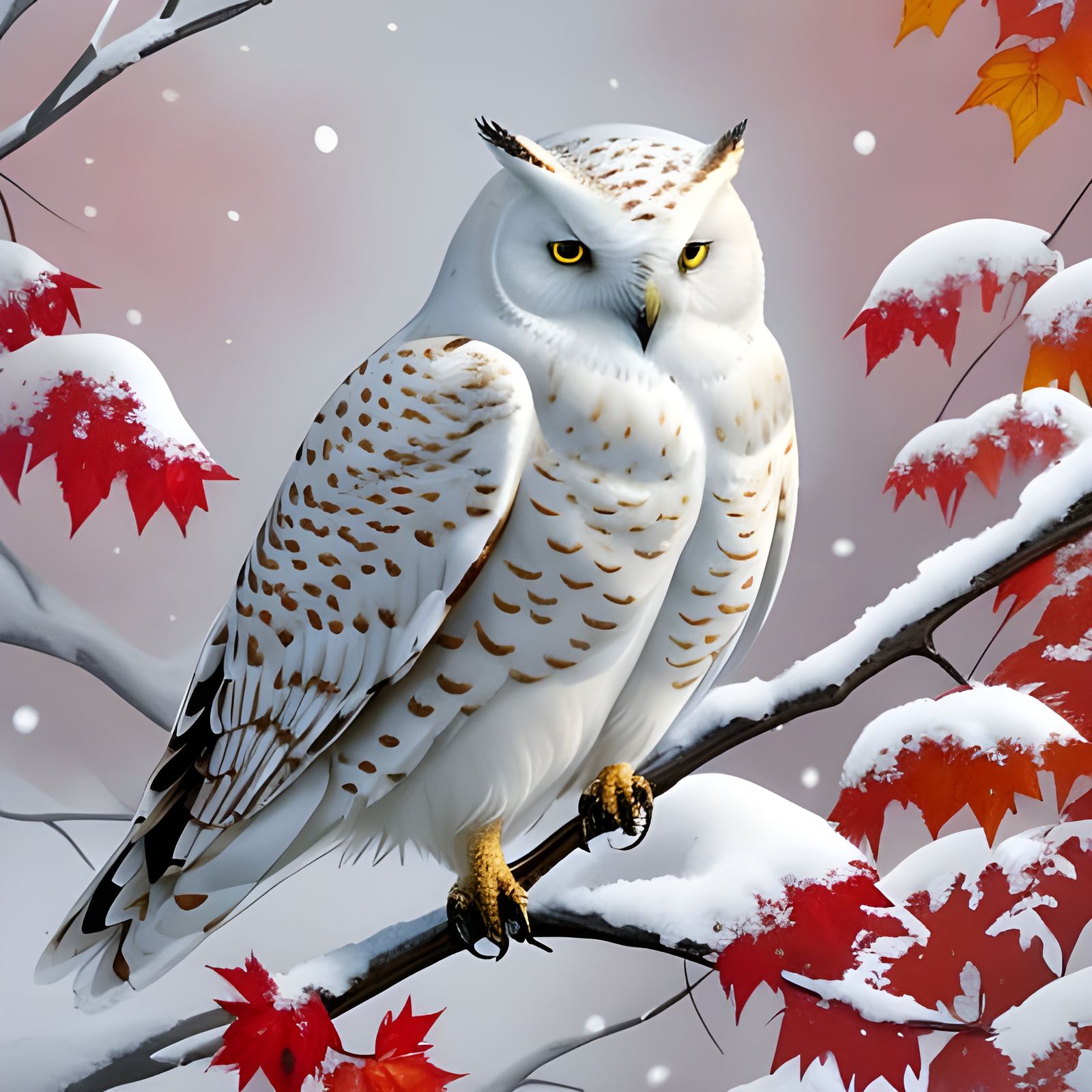 Ethereal Watercolor Snow Owl in Panoramic Autumn Scene