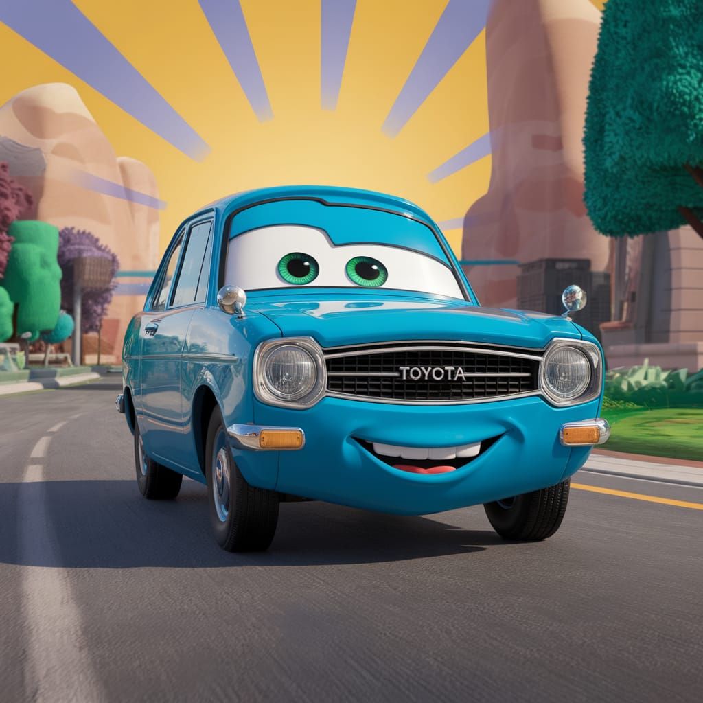 Pixar-style Toyota Corolla Animated Car on Road