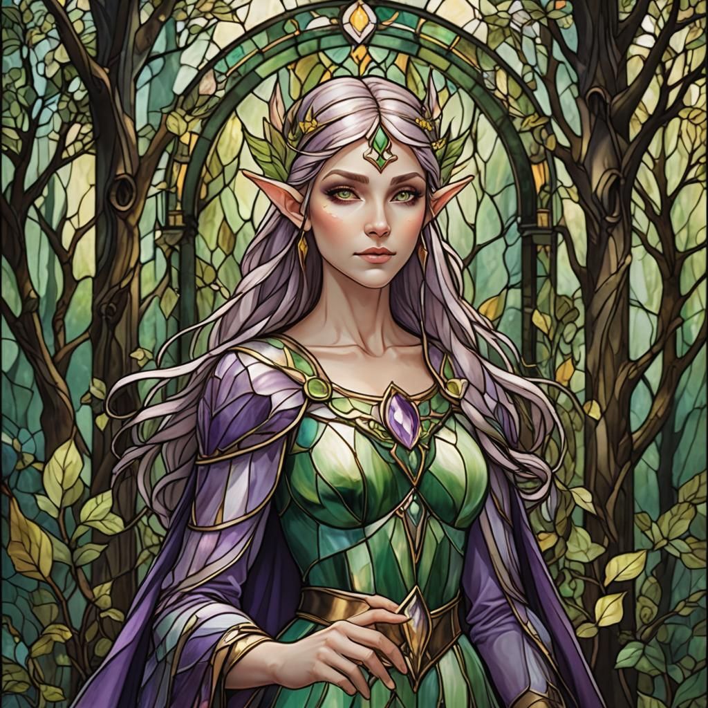 Ethereal Elf Princess in Stained Glass Art