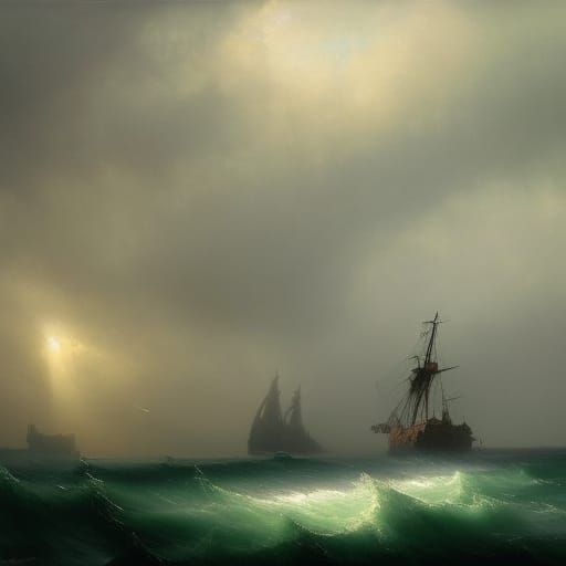 Ghost Ship Sailing Through Luminous Green Clouds