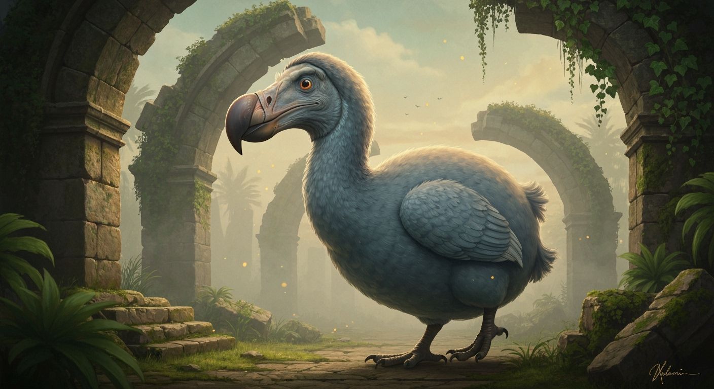 Dodo Bird in Ancient Ruins: Hyperrealistic Digital Art
