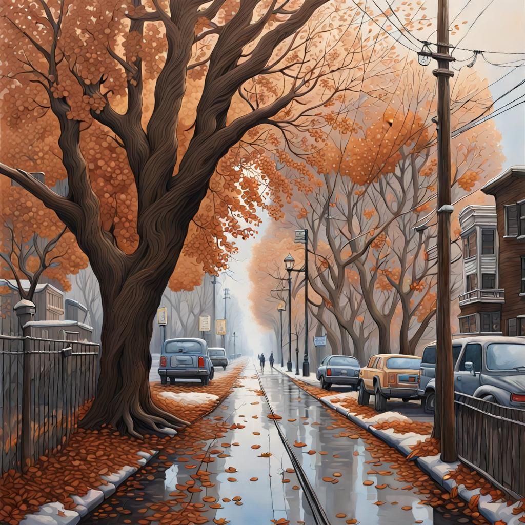 Hyperrealistic Winter Landscape with Brown Leaves