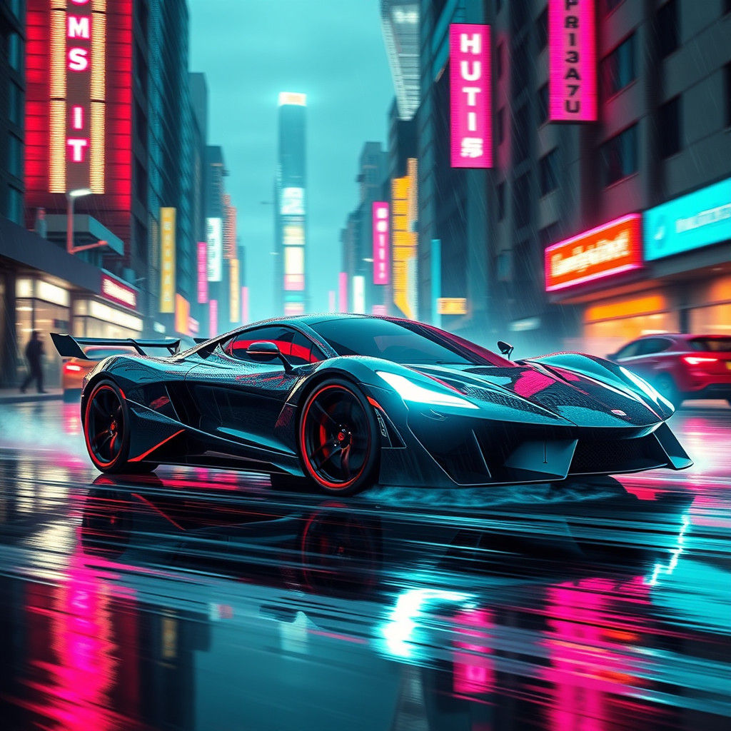 Futuristic Neon Sports Car in Cyberpunk Cityscape