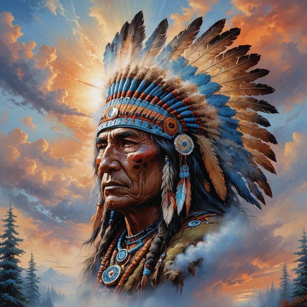 Native American Head in Ethereal Sky