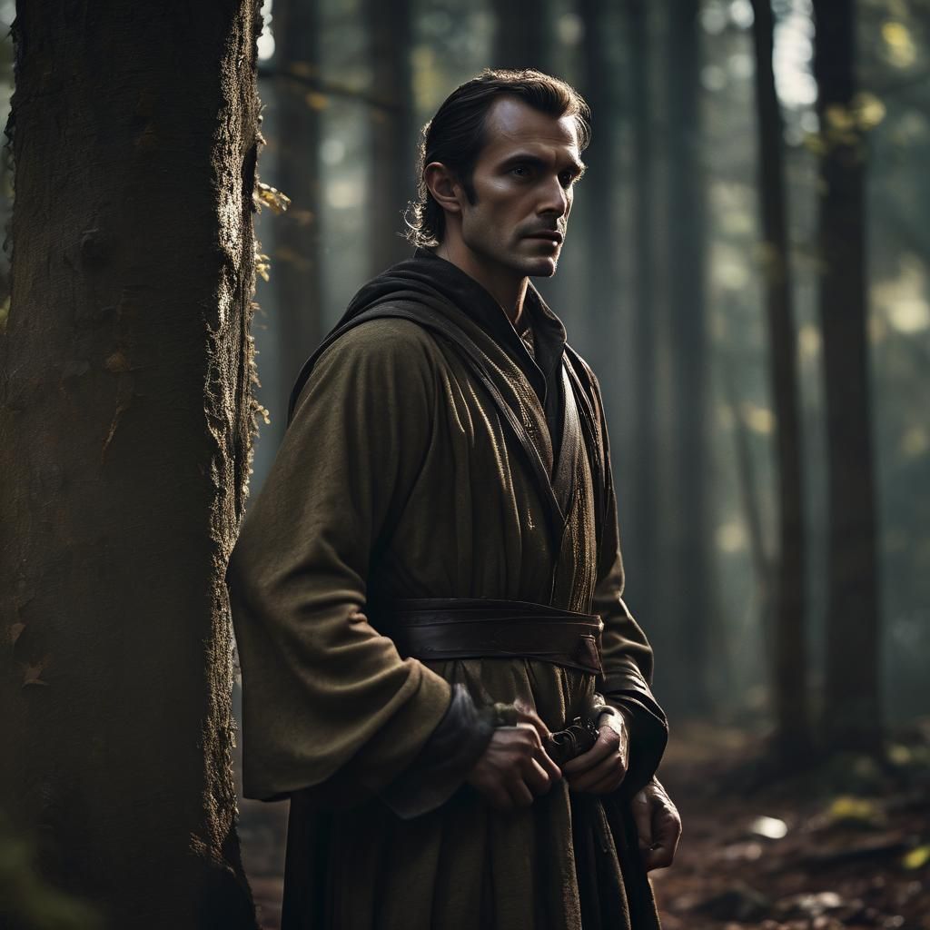 Elven Man in Misty Forest: Cinematic Film Still