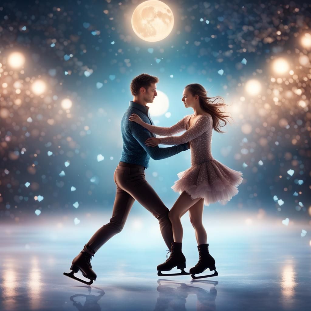 Figure skating (lift: 1.9)  (young beautiful couple in love: 1.9) moonlight bokeh maximalism 8k resolution concept art s...