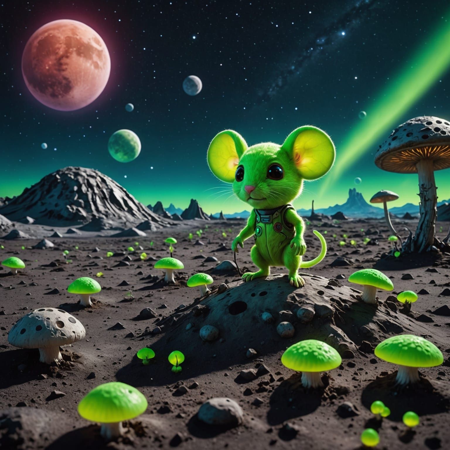 Neon Chibi Mouse and Spaceship on the Moon