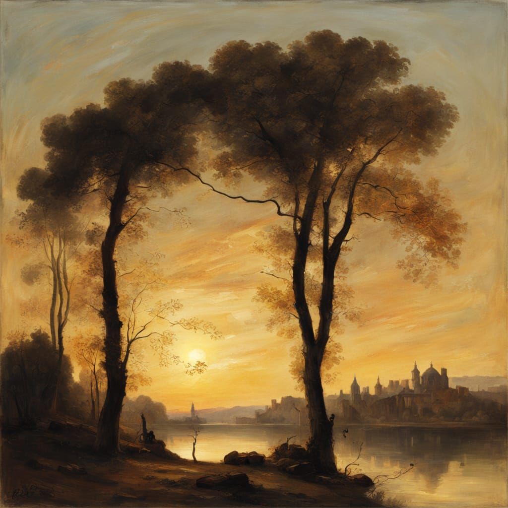 Sunset Landscape Painting in Corot Style