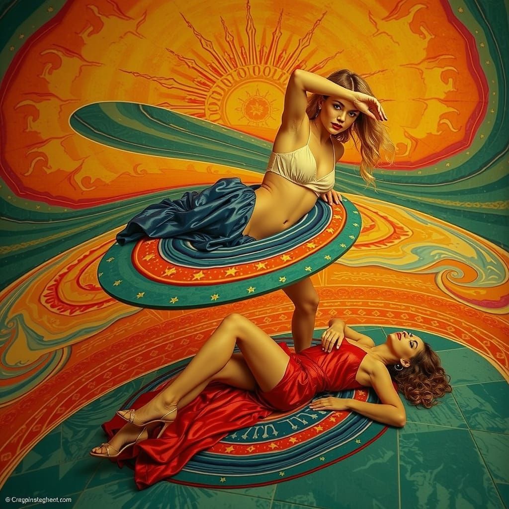 Elegant Women in Luxurious Maximalist Psychedelic Scene