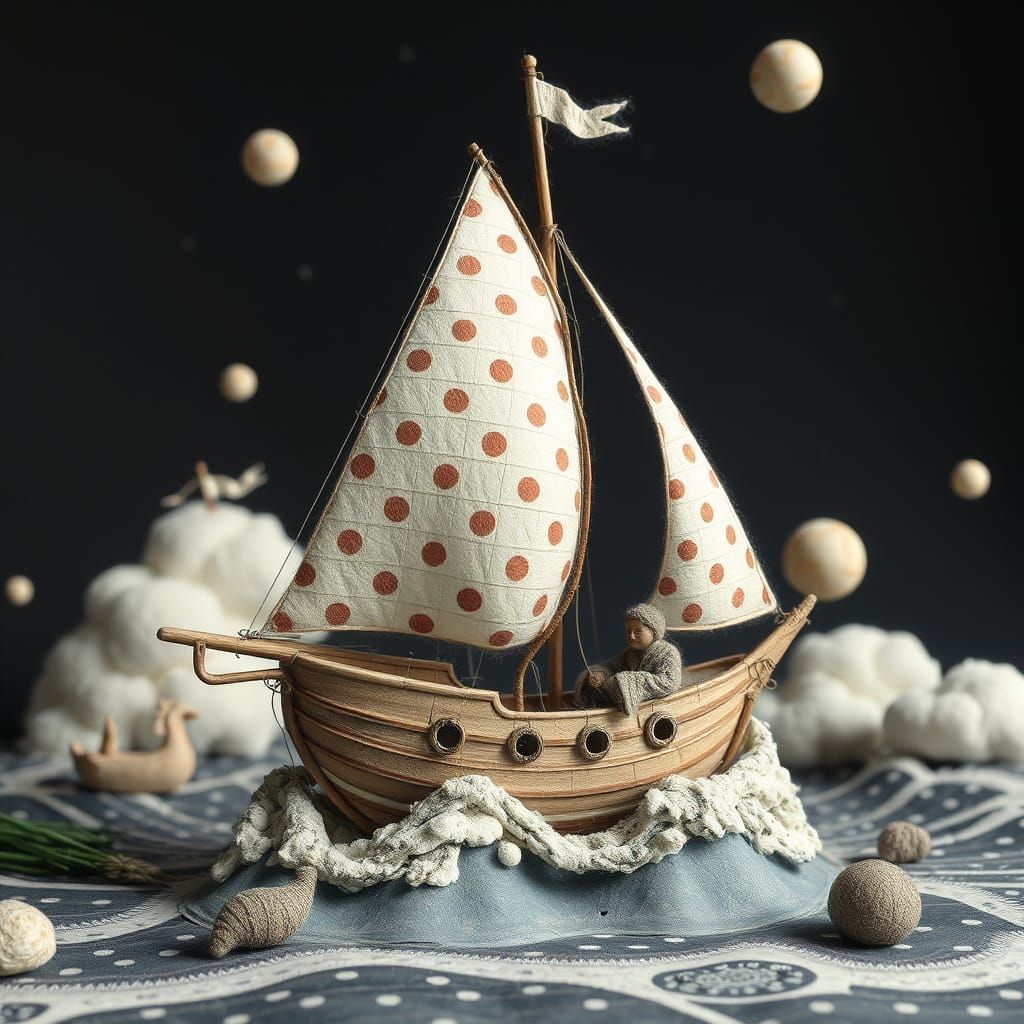 Surreal Polka Dot Sailing Ship in Mixed Media