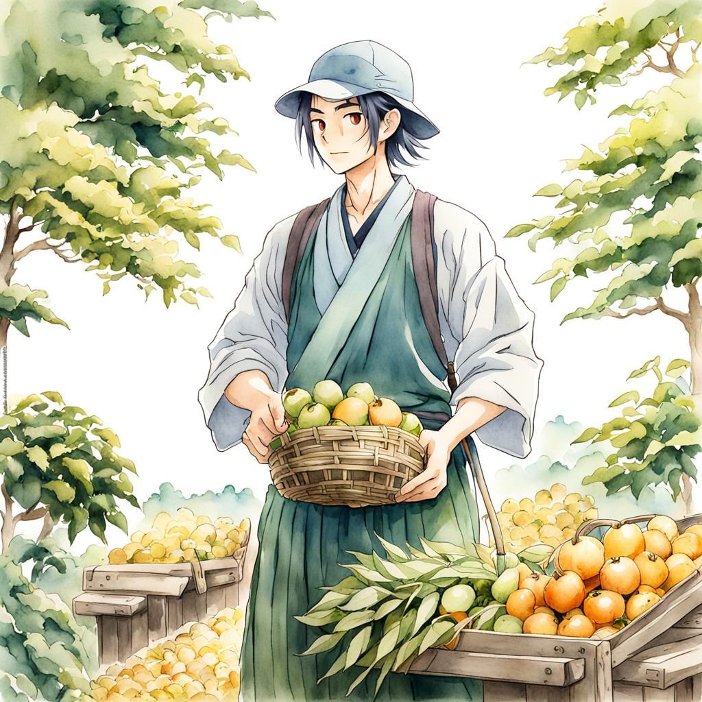 Young Tea Farmer: Japanese Watercolor Cartoon