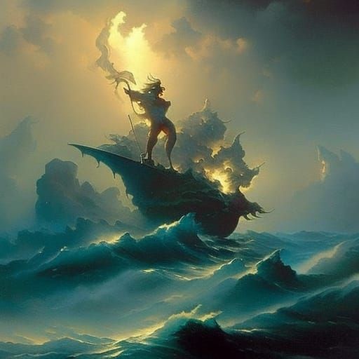 Poseidon, God of the Sea in Fantasy Art Style