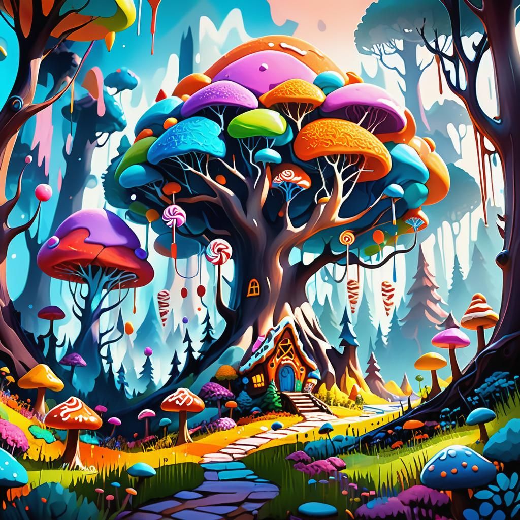 Whimsical Candyland Forest Concept Art in Digital Illustrati...