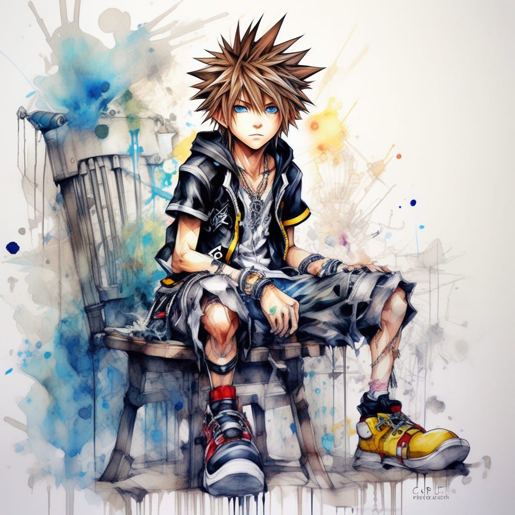 Watercolor Portrait of Sora in Manga Style