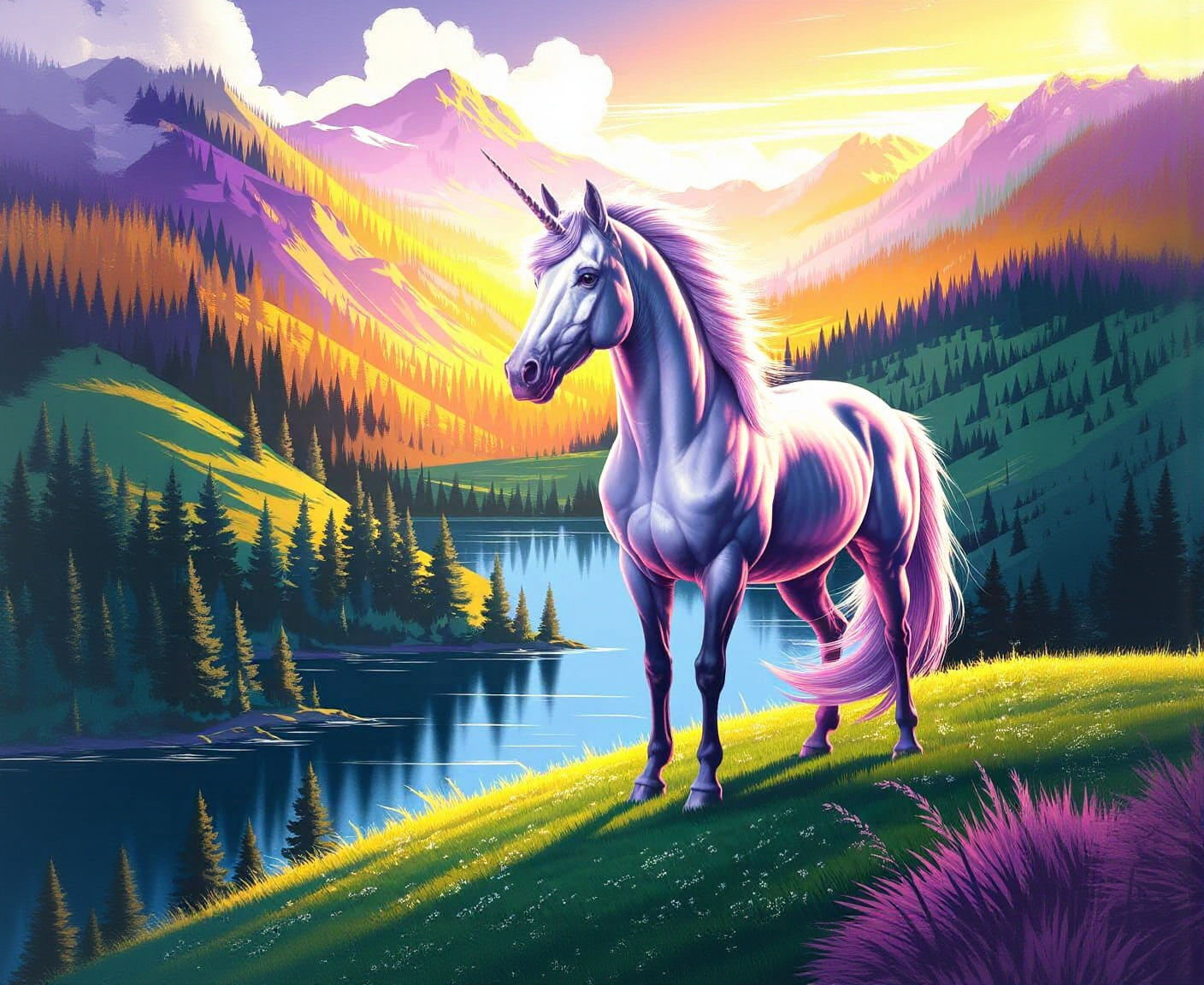 Majestic Unicorn on Lush Hillside in Fantasy Style