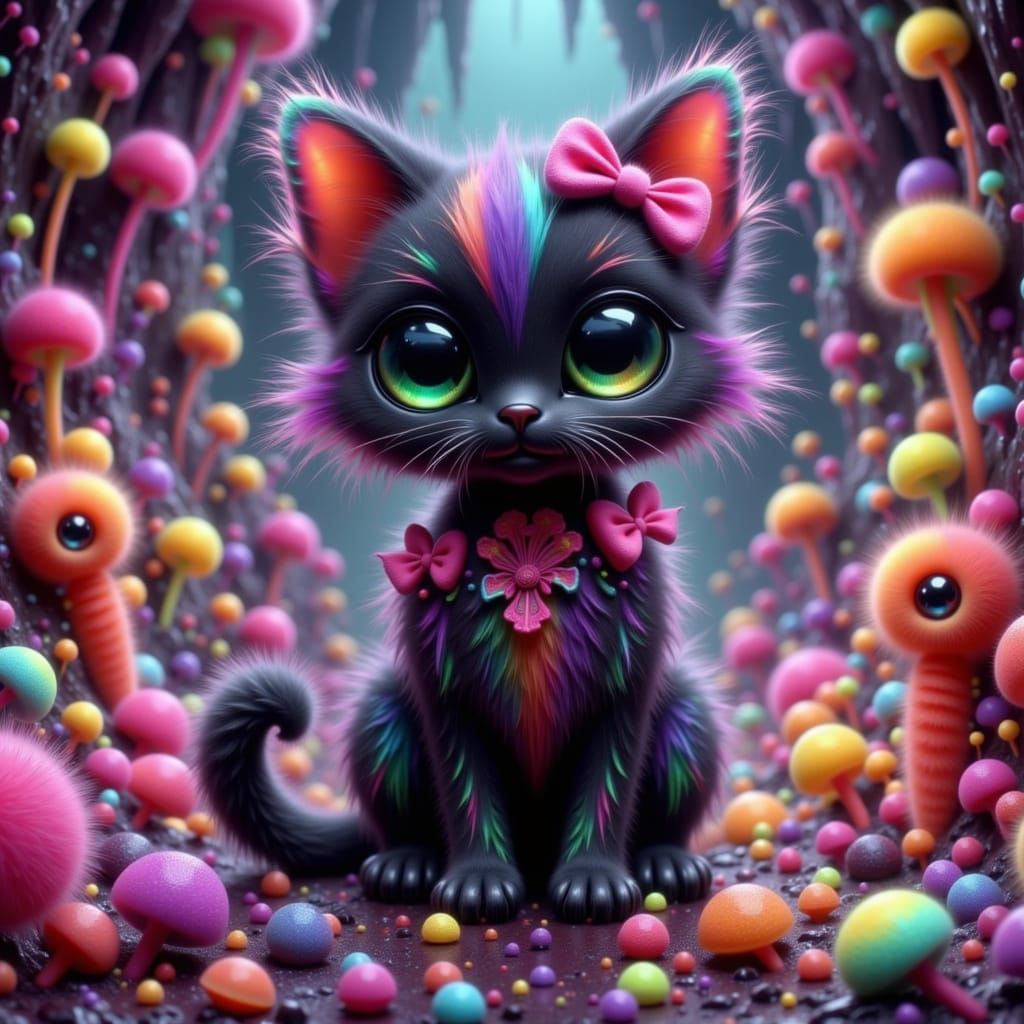 Whimsical Goth Cat in Vibrant Cutecore Style