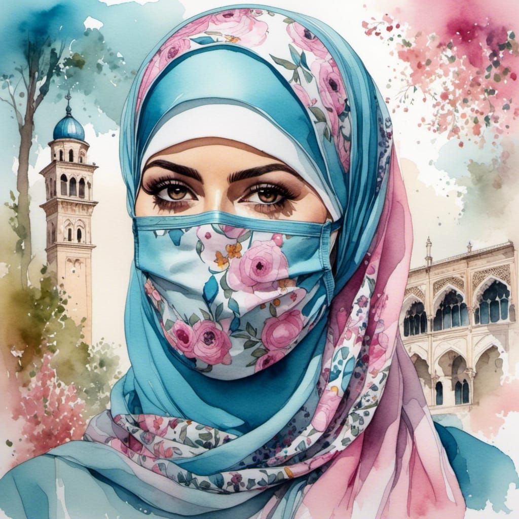Middle Eastern Woman in Hijab, Watercolor Portrait