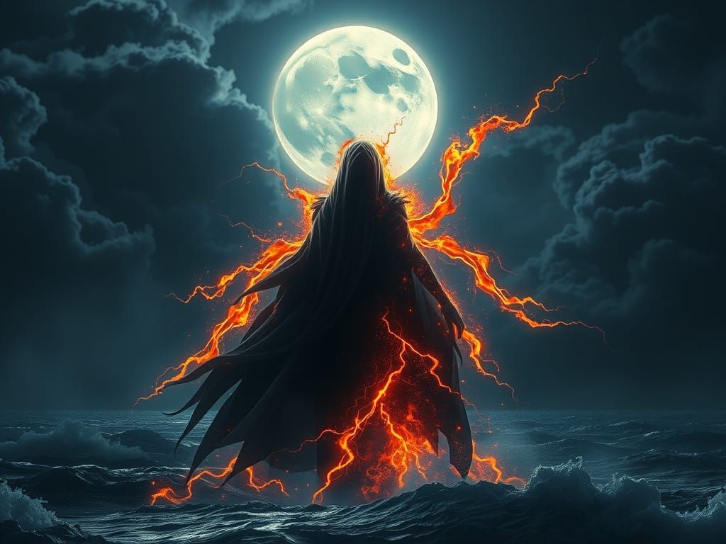 Mystical Figure in Cyberpunk Style on Stormy Ocean