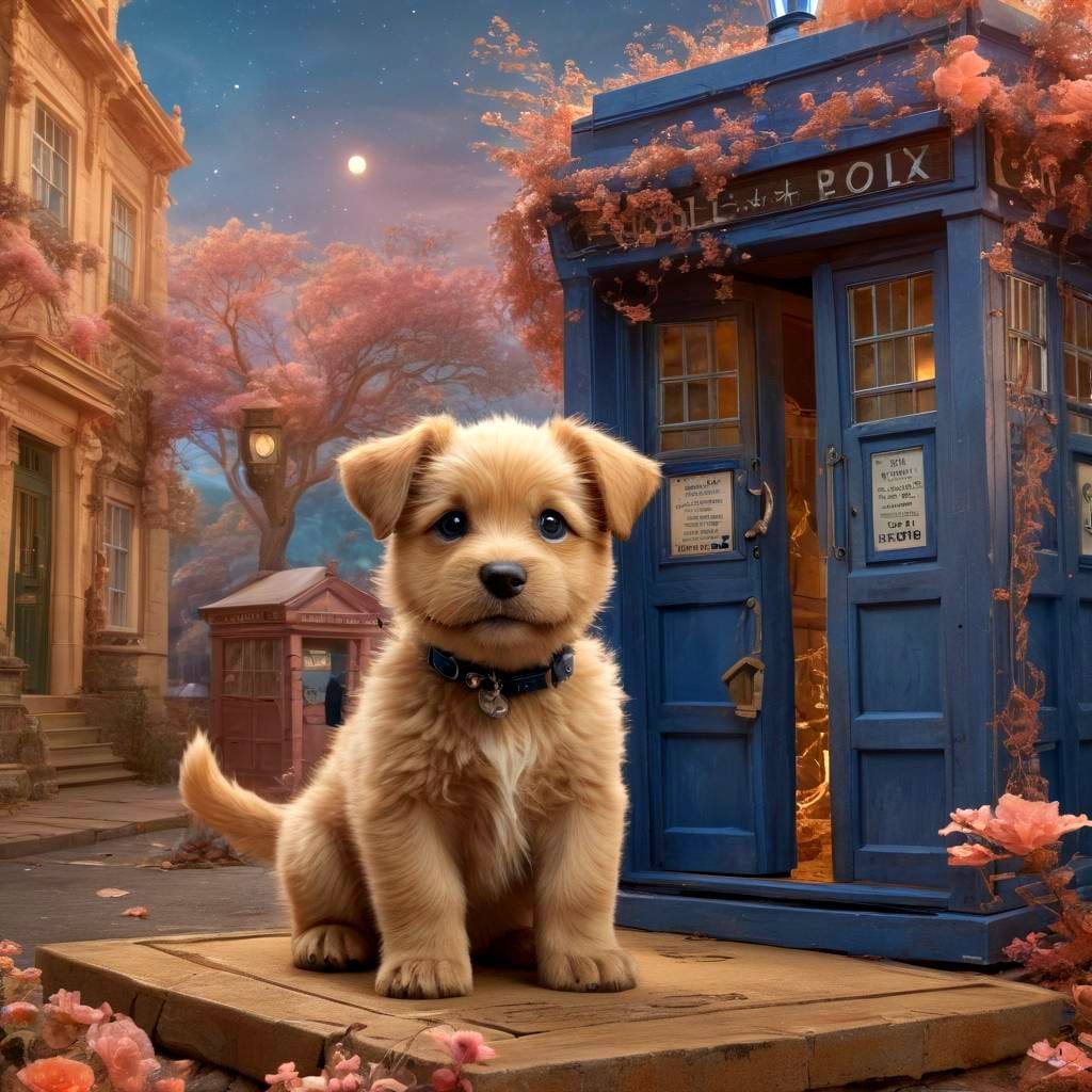 Baby TARDIS with Puppy Eyes in Dreamlike Setting
