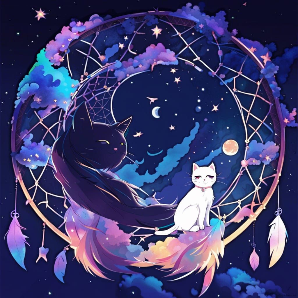 Cosmic Dreamcatcher with Moon and Cat, in Anime Style