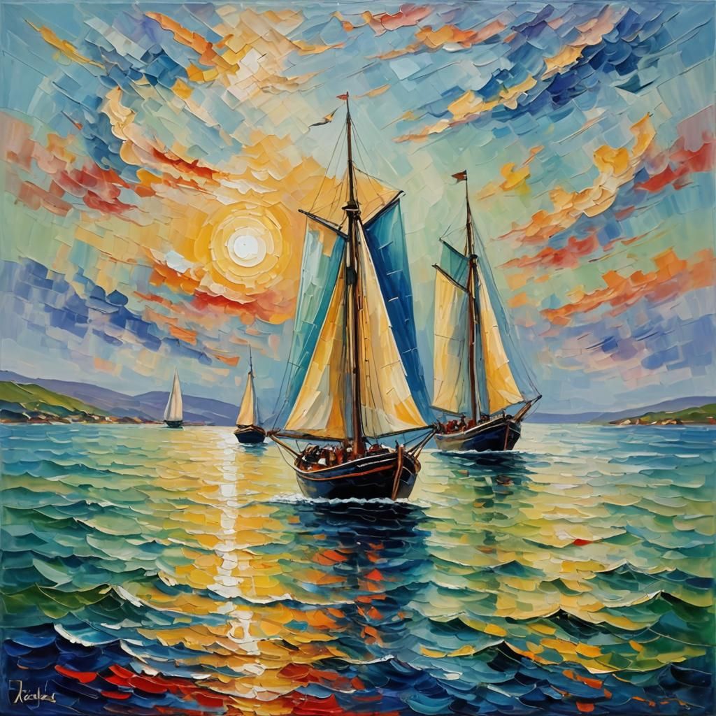 Ships Sailing on Sea in Expressionist Impasto Style