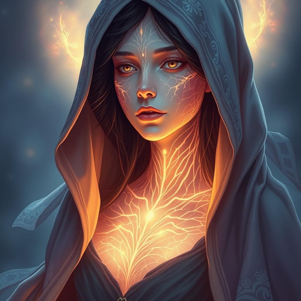 a beautiful female, her body is covered in glowing veins