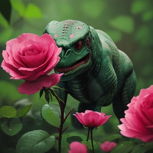 The image features a vibrant, pink wild rose with water droplets on its petals. The flower is in focus and occupies a la...