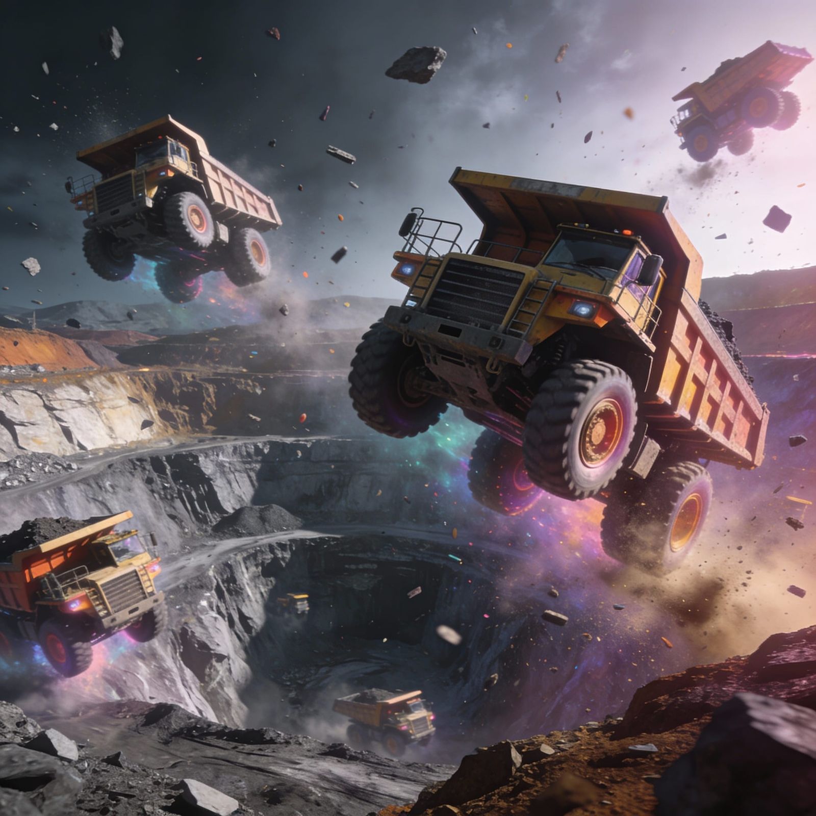 Surreal Mining Trucks Flying Over Open Pit Mine