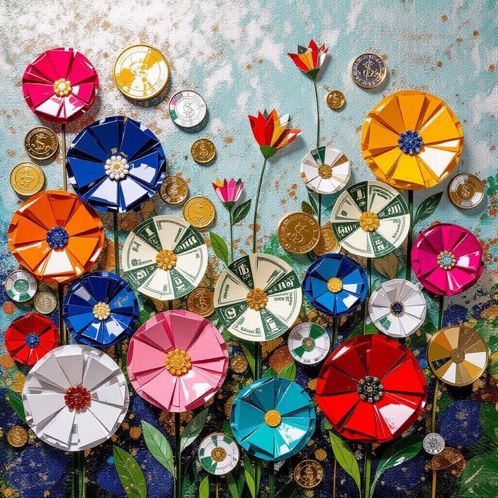 Money Flowers and Coins in Vibrant Garden