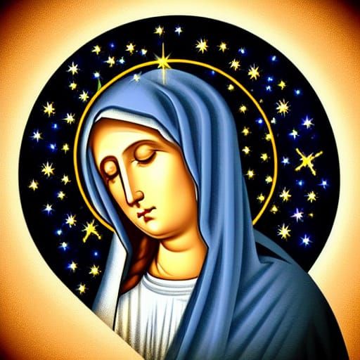 Virgin Mary in Starry Night Sky, Digital Art